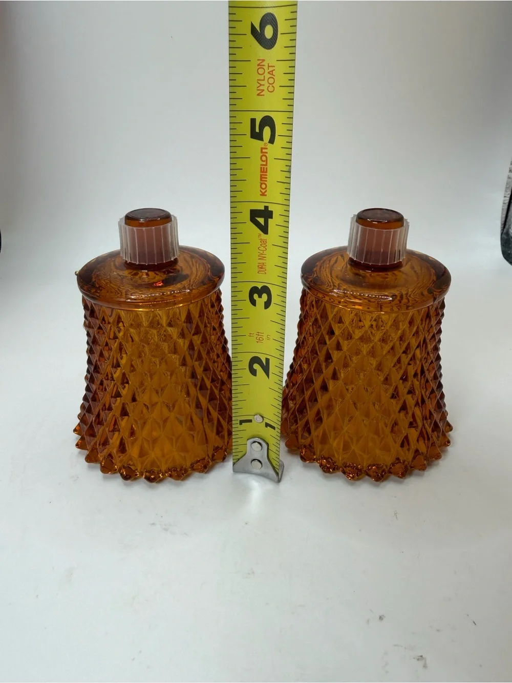 Pair Vintage Honey Amber Diamond Cut Glass Votive Cup Candle Tulip.